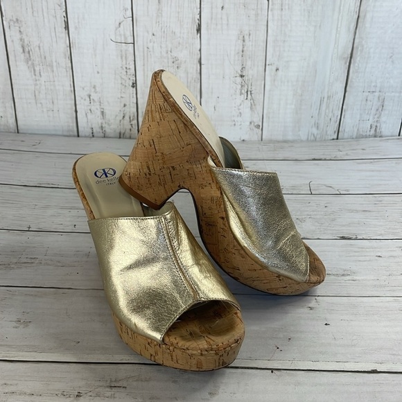 DEE KELLER gold Leather Cork Heel Wedge Platform Mule Sandals - Picture 2 of 14